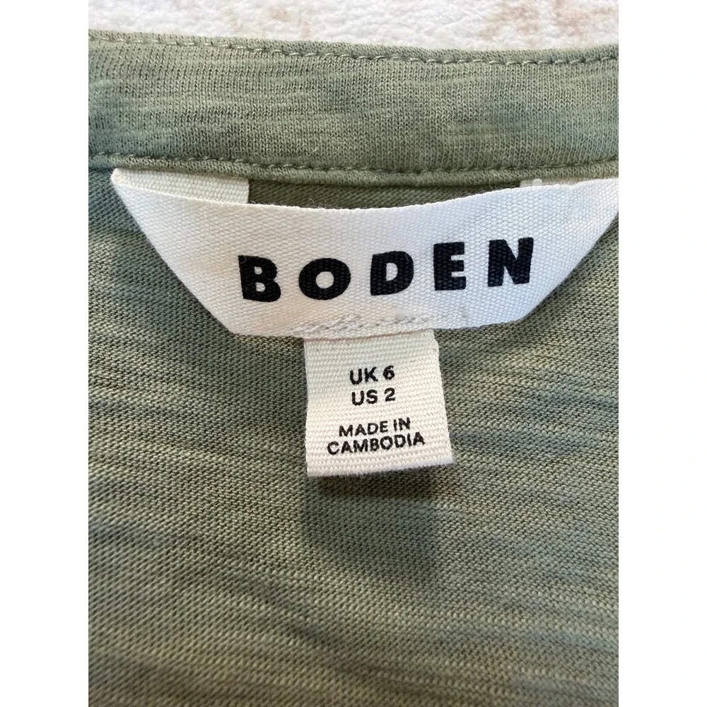Boden Olive Green Cotton Slub Lace Trim V-Neck Puff Sleeve Top US 2 T2079